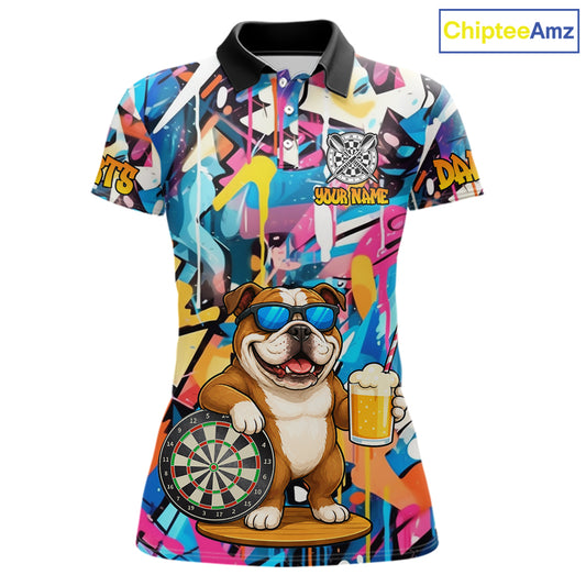 Funny Bulldog Colorful Graffiti Darts Shirt For Women Custom Darts Team Jersey Polo & 1/4 Zip TDM6464