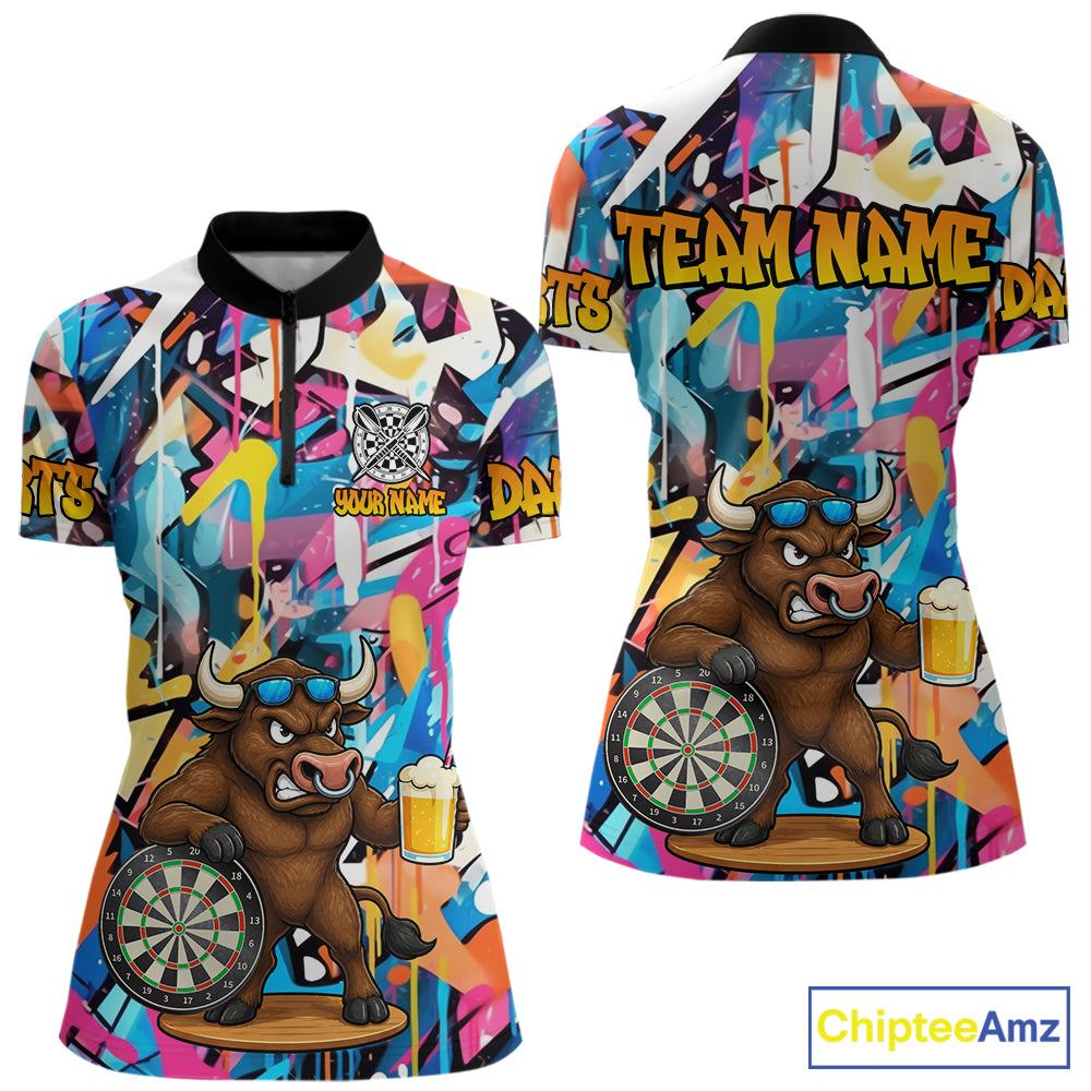Funny Bull Colorful Graffiti Darts Shirt For Women Custom Darts Team Jersey Polo & 1/4 Zip TDM6465
