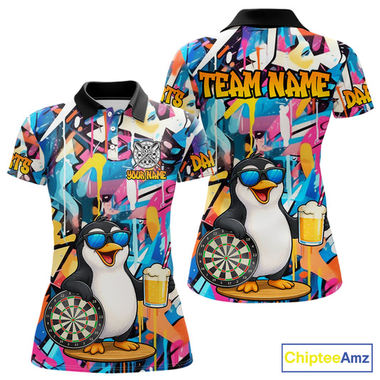 Funny Penguin Colorful Graffiti Darts Shirt For Women Custom Darts Team Jersey Polo & 1/4 Zip TDM6466