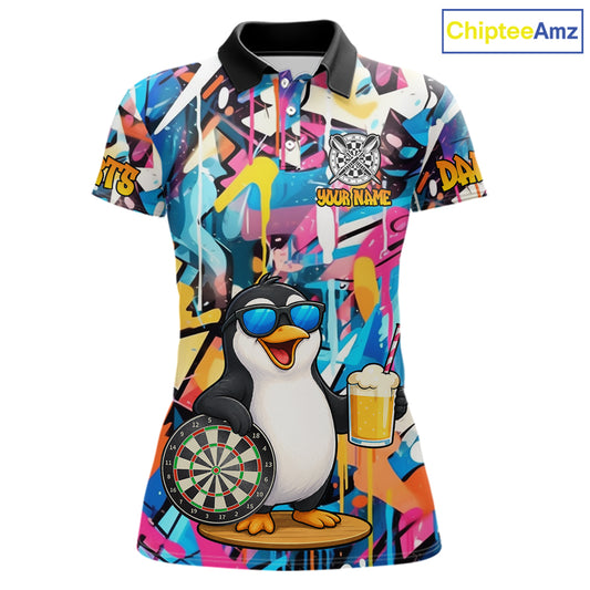 Funny Penguin Colorful Graffiti Darts Shirt For Women Custom Darts Team Jersey Polo & 1/4 Zip TDM6466