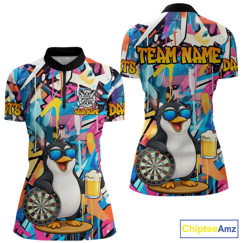 Funny Penguin Colorful Graffiti Darts Shirt For Women Custom Darts Team Jersey Polo & 1/4 Zip TDM6466