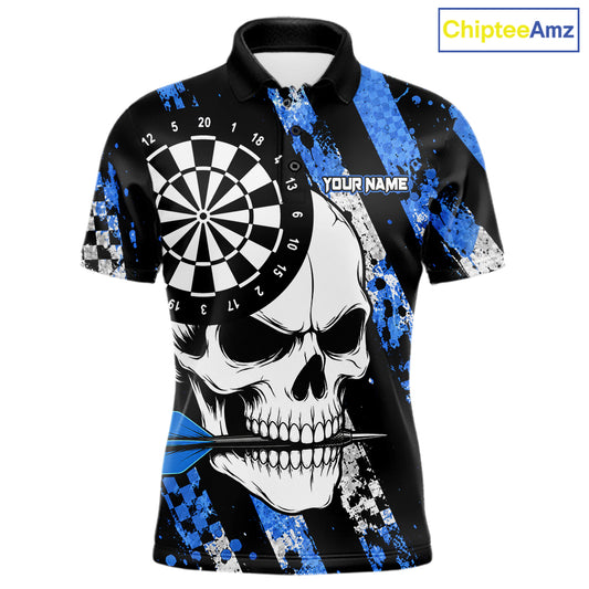 Blue camo stripes skull darts polo shirt for men with custom league team graphics.