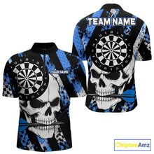 Load image into Gallery viewer, Blue camo stripes skull darts quarter zip shirt for men built for league tournaments and team events.
