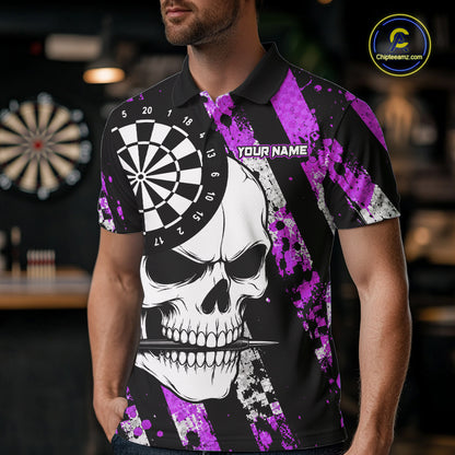 Man wearing a purple camo skull darts jersey at a darts venue front view.
