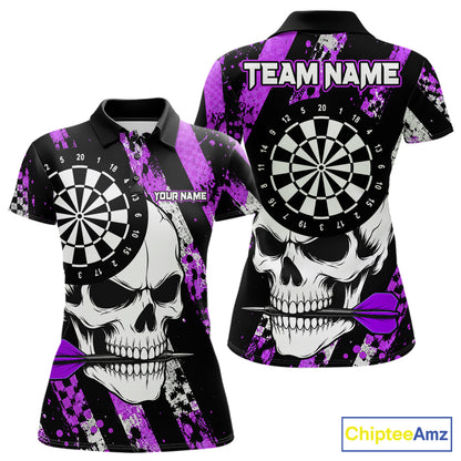Purple camo stripes skull darts polo shirt for women with custom league team graphics.