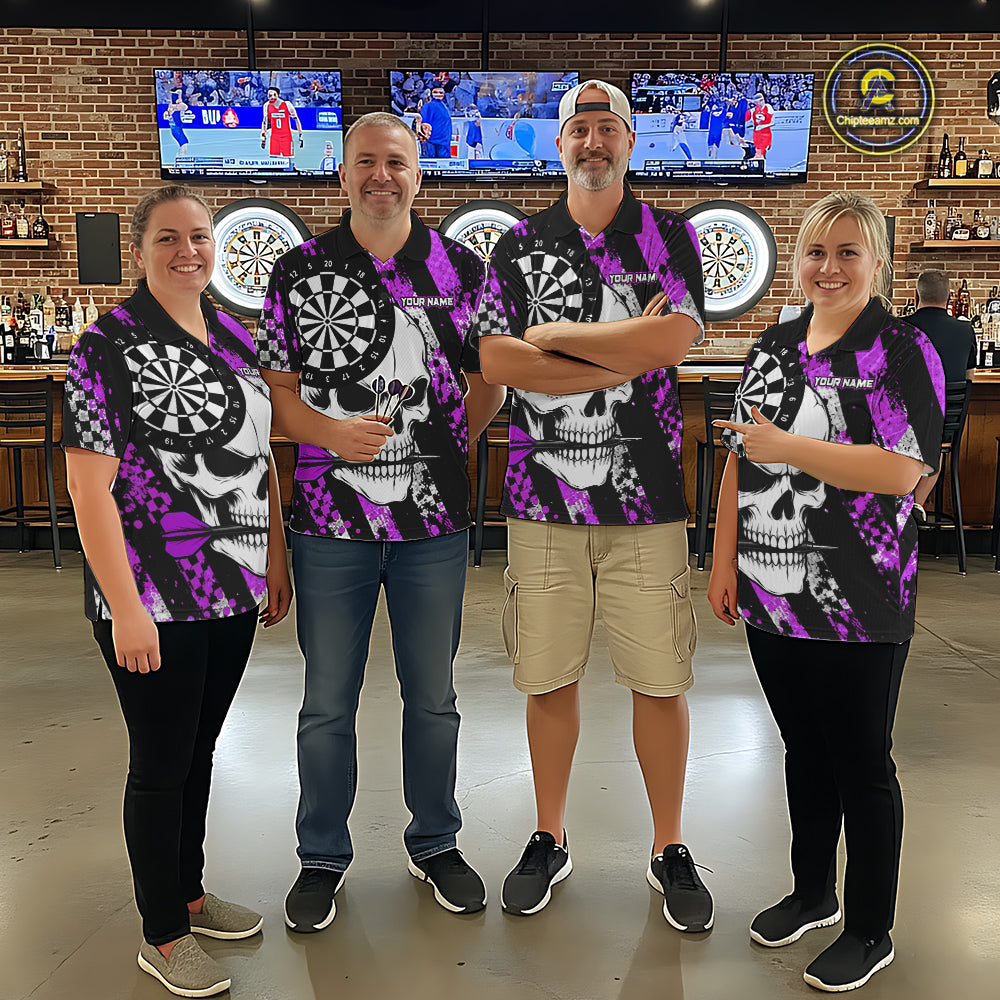 Darts team wearing matching purple camo skull darts jerseys during tournament matches front view.