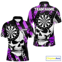 Load image into Gallery viewer, Purple camo stripes skull darts polo shirt for men with custom league team graphics.