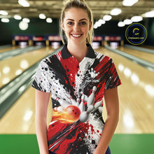 Load image into Gallery viewer, Woman wearing a red splatter bowling polo shirt at a bowling alley front view.