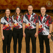 Load image into Gallery viewer, Bowling team wearing matching red splatter bowling jerseys during league competition front view.
