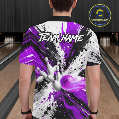 Back view of man wearing a purple splatter bowling polo shirt inside a bowling alley.