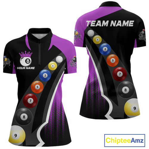 Personalized Purple Black Billiard Shirt For Women Custom Funny Pool Balls Team Jersey Polo & 1/4 Zip TDM4498