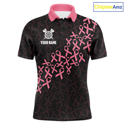 Pink Ribbons American Flag Breast Cancer Awareness Darts Polo Shirt for Men Featuring Patriotic Pink Ribbon Artwork for Dart League Players, Team Competition, and Awareness Tournaments