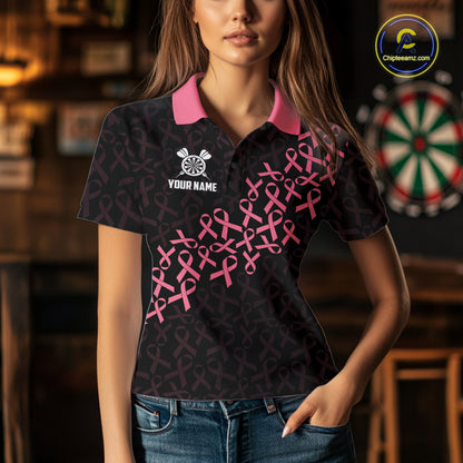 Woman Wearing Pink Ribbons American Flag Breast Cancer Awareness Darts Polo Shirt with Athletic Performance Fit and Patriotic Graphic Artwork, Front View
