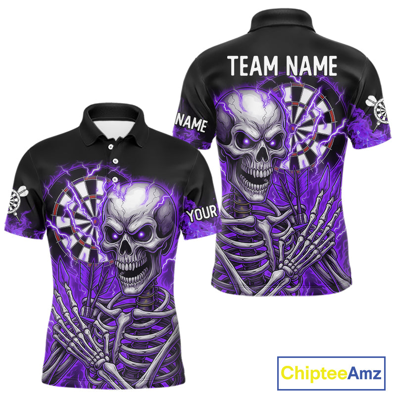 Purple Flaming Lightning Skeleton Darts Shirt For Men Custom Skull Dart Jersey Team Polo & 1/4 Zip TDM4739