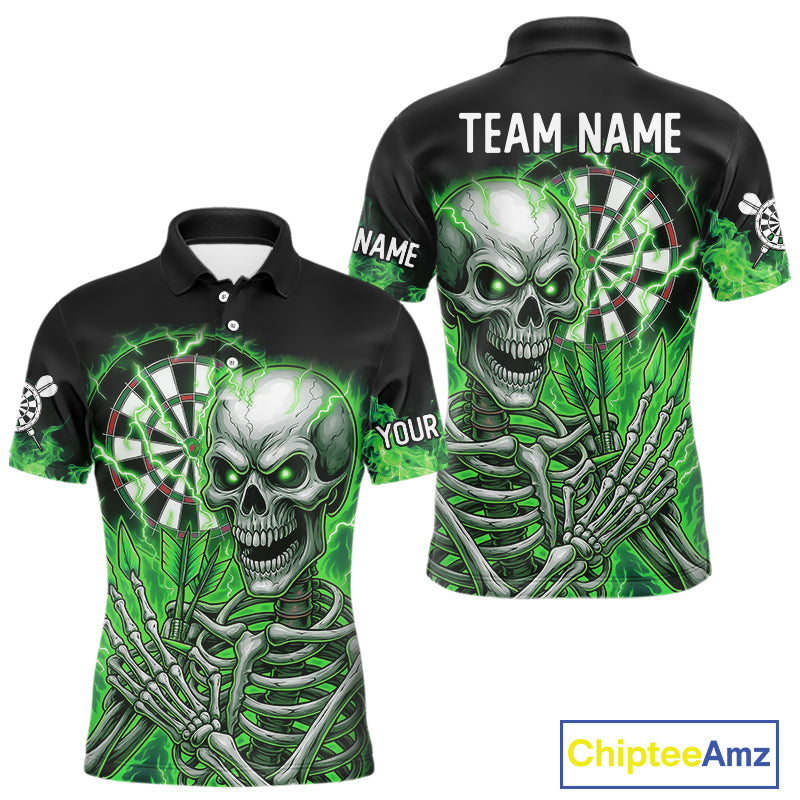 Green Flaming Lightning Skeleton Darts Shirt For Men Custom Skull Dart Jersey Team Polo & 1/4 Zip TDM4740