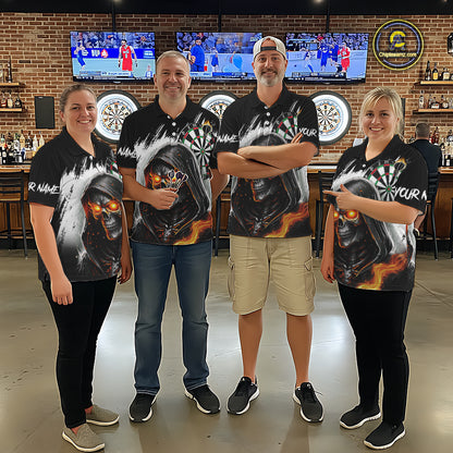 Personalized Grim Reaper Fire Dart Shirts For Men Custom Skull Dart Jersey Polo & 1/4 Zip |White TDM5369