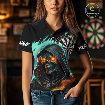 Personalized Grim Reaper Fire Dart Shirts For Women Custom Skull Dart Jersey Polo & 1/4 Zip |Turquoise TDM5370