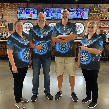Personalized Fire Flame Blue Dartboard Eagle Dart Shirts For Men, Darts League Team Jerseys TDM5373