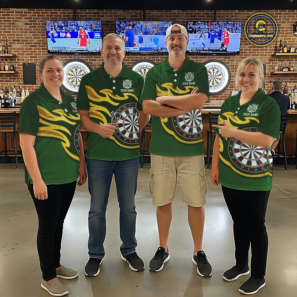 Personalized Green Dartboard Flame Gold Darts Shirt For Men, Darts Jersey Team Polo & 1/4 Zip TDM5872