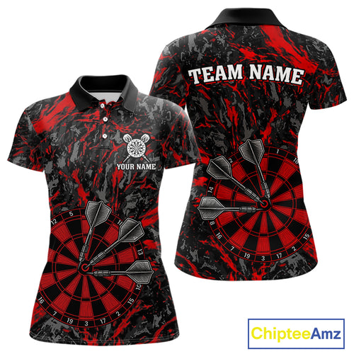 Custom Black And Red Grunge Camo Dart Shirts For Women, Camouflage Dart Team Jersey Polo & 1/4 Zip TDM3959