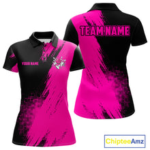 Load image into Gallery viewer, Custom Pink and Black Strike Bowling Shirt design featuring bold bowling pins, bowling ball graphics and vibrant pink and black colors on a custom polo bowling shirt for women