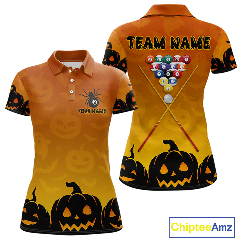 Personalized Orange Black Funny Pumpkin Billiard Shirt For Women Custom Halloween Pool Team Jersey TDM4510