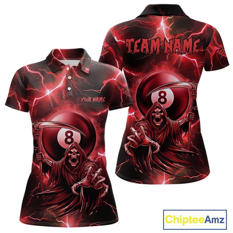 Red Grim Reaper 8 Ball Billiard Shirt For Women Custom Funny Thunder Lightning Pool Team Jersey TDM4935