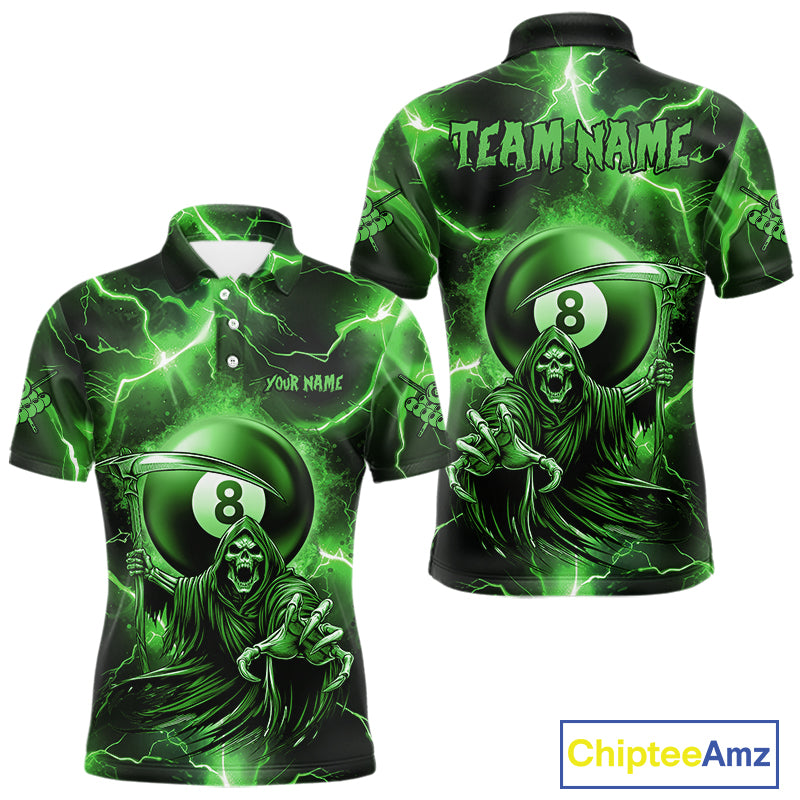 Green Grim Reaper 8 Ball Billiard Shirt For Men Custom Funny Thunder Lightning Pool Team Jersey TDM4936