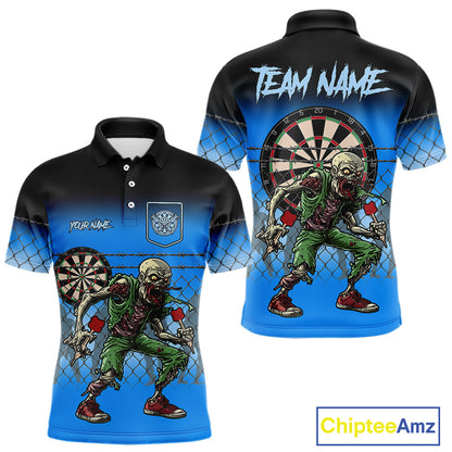 Blue Funny Zombie Dart Shirt With Pocket Option For Men Custom Darts Jersey TDM4937