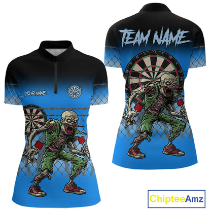 Blue Funny Zombie Dart Shirt With Pocket Option For Women Custom Darts Jersey TDM4937