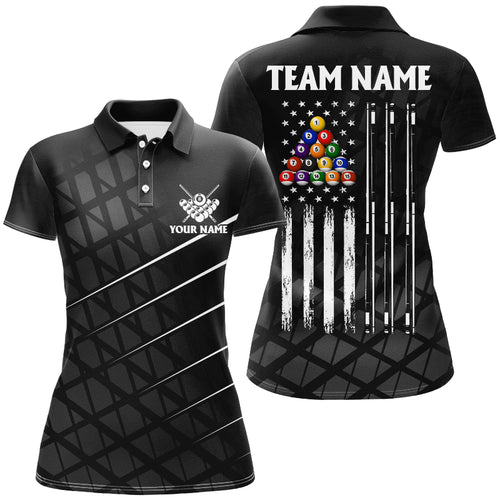 Personalized Black Grunge American Flag Women Billiard Shirts Custom Patriotic Pool Player Jerseys TDM2910