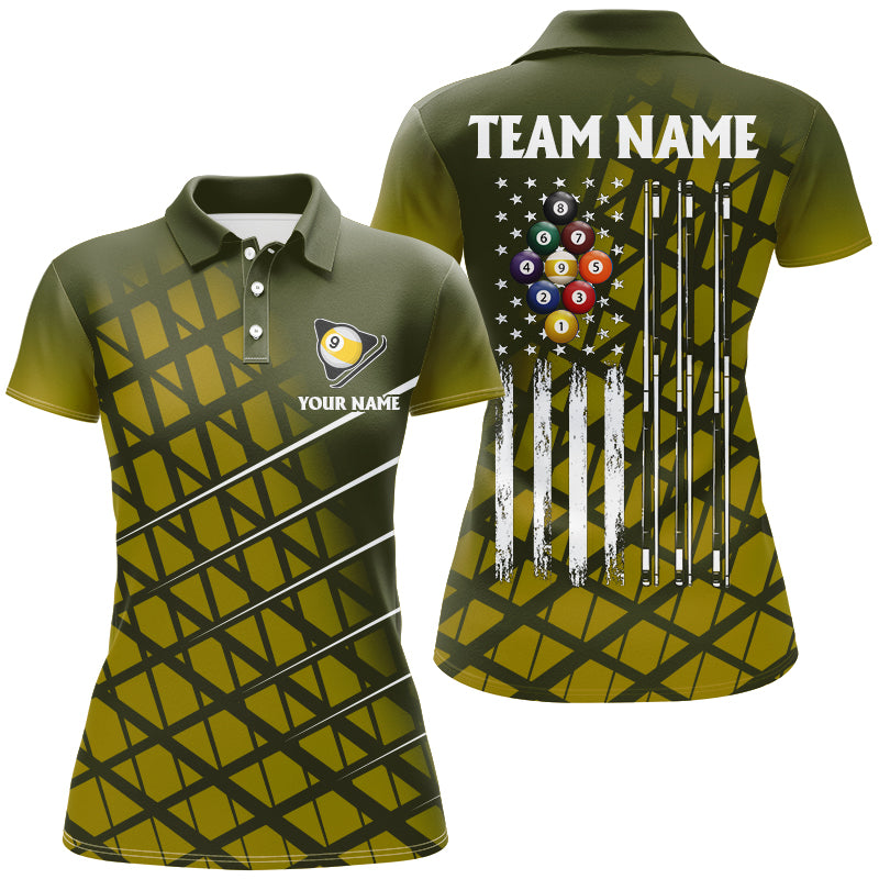 Personalized Yellow Retro American Flag Women Billiard Shirts Custom 9 Ball Pool Billiard Jerseys TDM2911