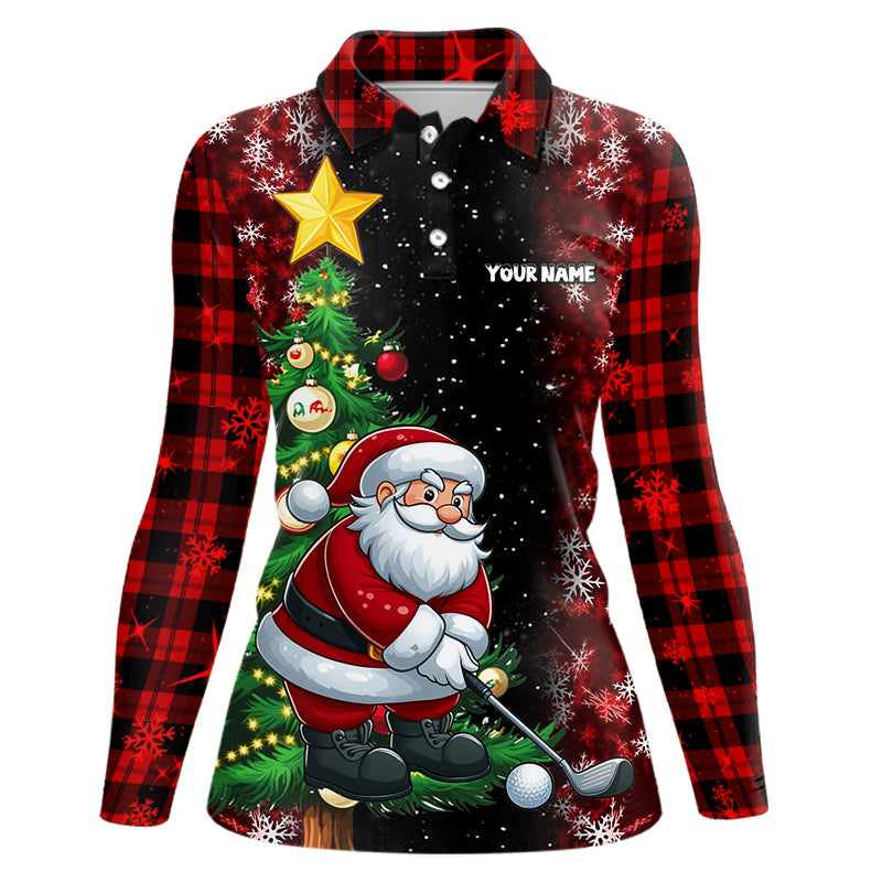 Black And Red Funny Santa Golfer Christmas Women Golf Polo Shirt Custom Pine Tree Golf Christmas Gift TDM3159