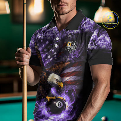 Purple Flaming Eagle 8 & 9 Ball Billiard Shirt For Men Custom US Flag Pool Jersey Polo, 1/4 Zip TDM6249