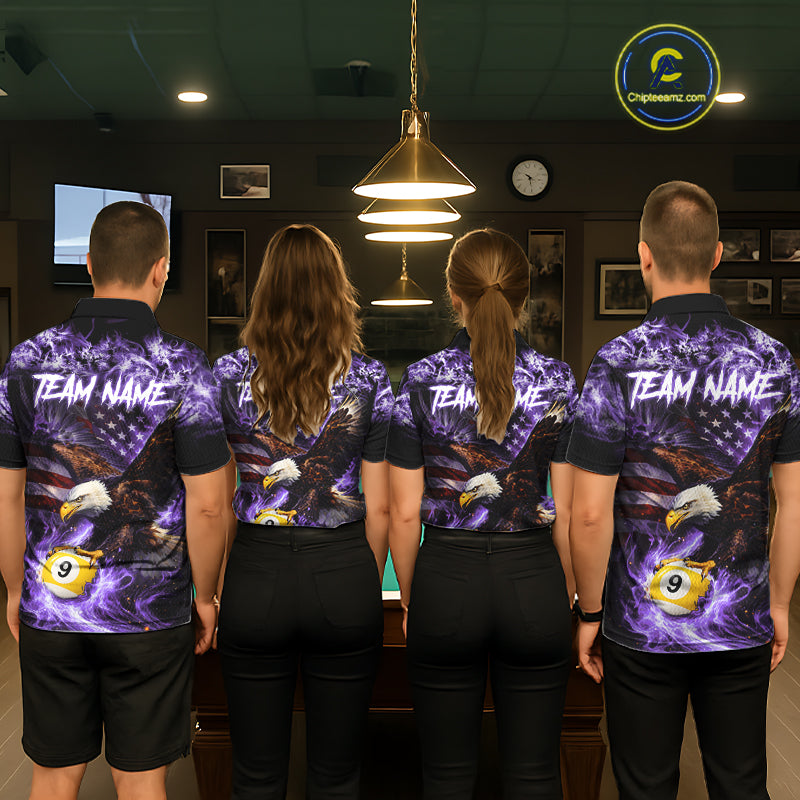 Purple Flaming Eagle 8 & 9 Ball Billiard Shirt For Men Custom US Flag Pool Jersey Polo, 1/4 Zip TDM6249