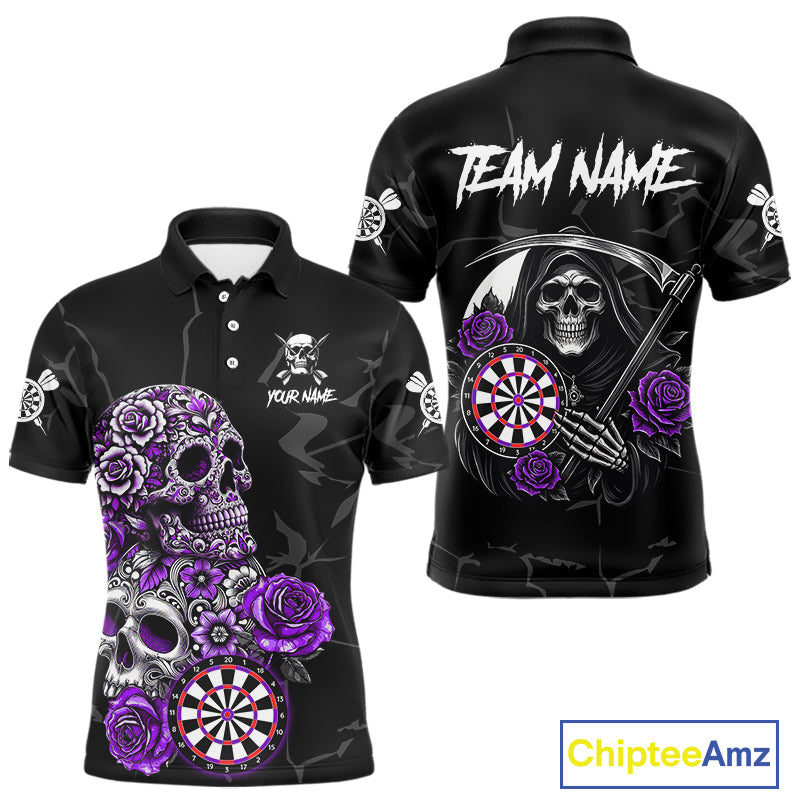 Personalized Funny Purple Skull Roses Darts Shirt For Men Custom Darts Team Jersey, Darts Outfit TDM4144
