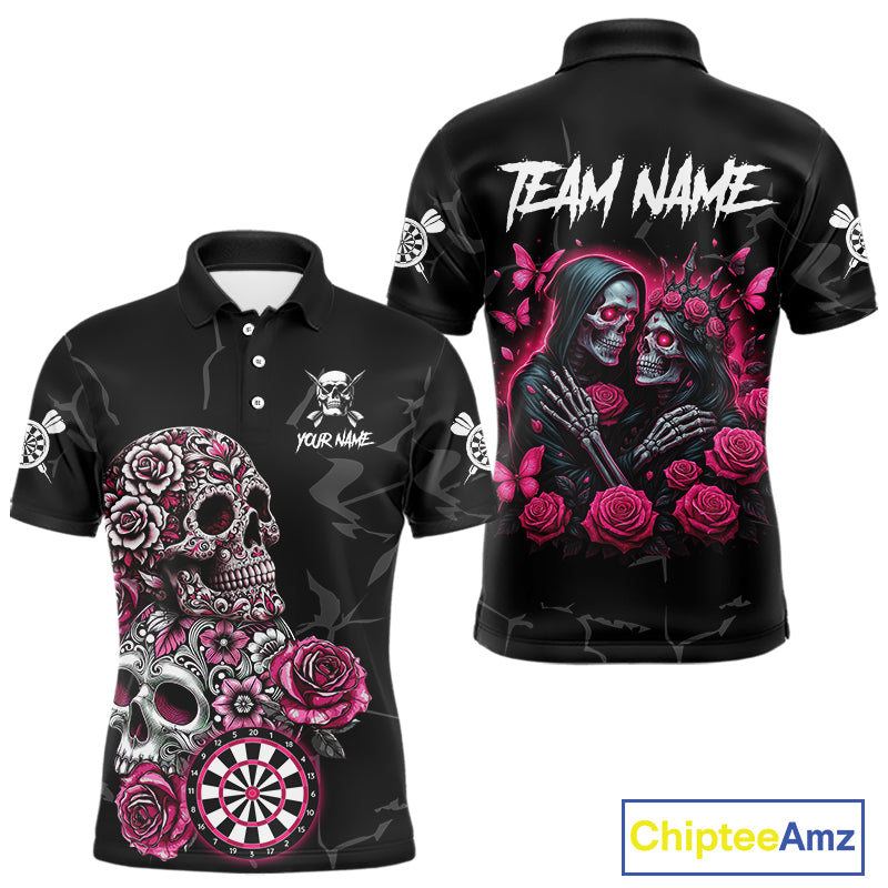 Personalized Pink Skull Roses Gothic Romance Darts Shirt For Men, Dart Jersey Outfit, Dart Gifts TDM4145