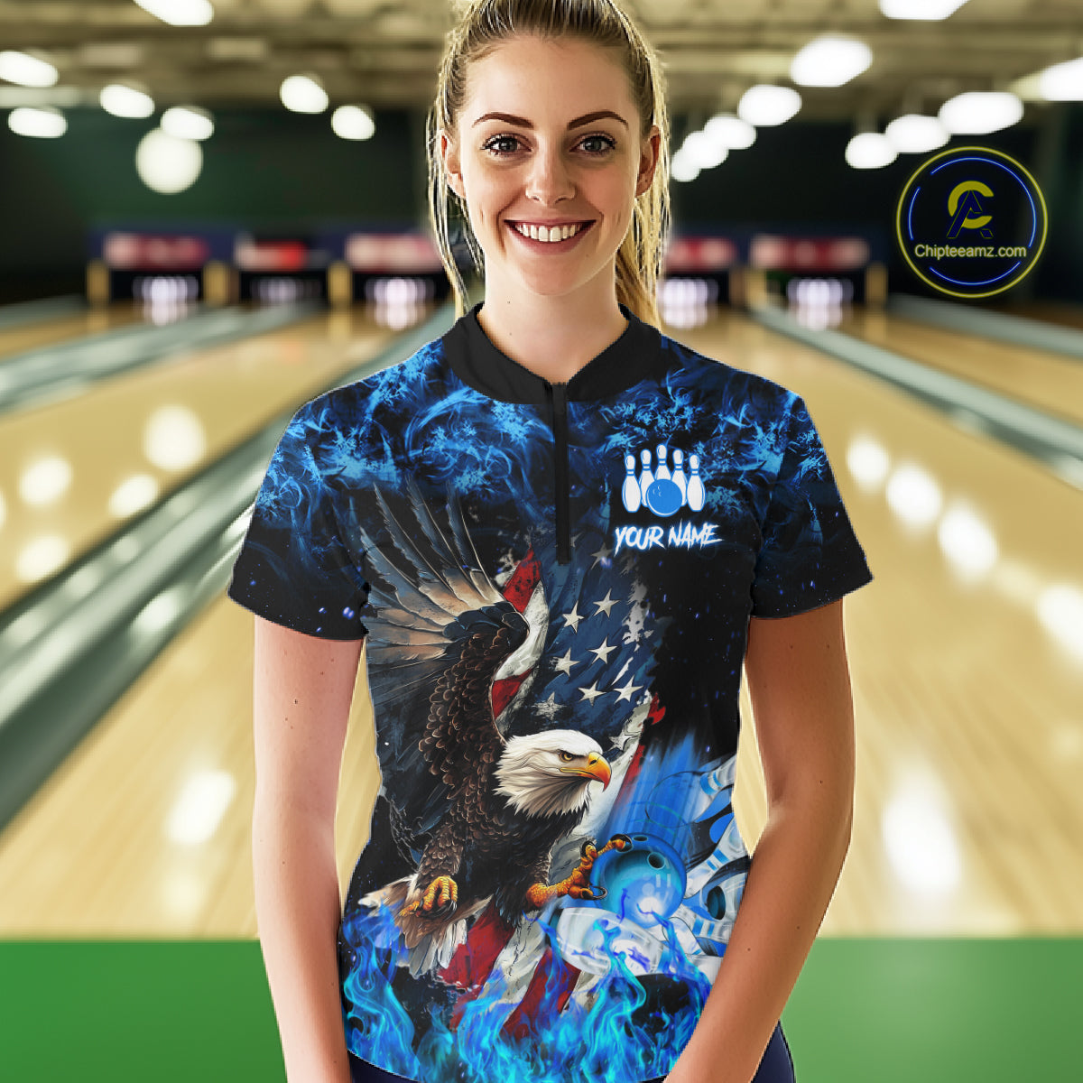 Woman wearing blue flame American flag eagle bowling team jersey quarter zip shirt featuring patriotic eagle and American flag artwork, front view.