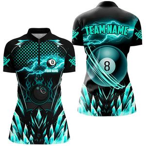 Custom Turquoise Icy Lightning 8 Ball Pool Women Polo & Quarter-Zip, Billiard Team League Jersey TDM2671