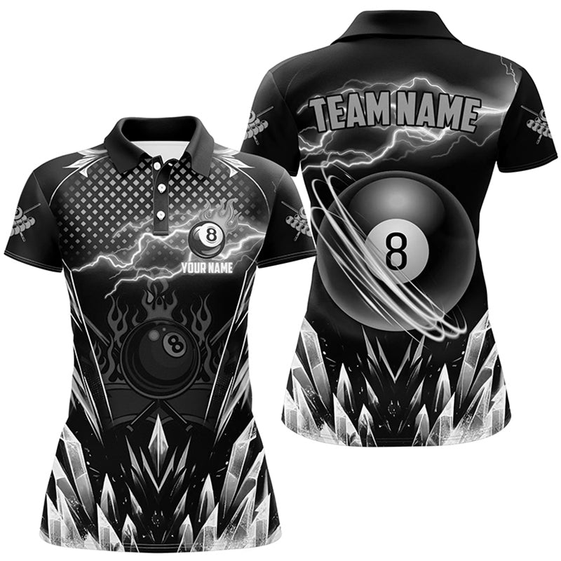 Custom Grey Icy Lightning 8 Ball Pool Women Polo & Quarter-Zip, Black Billiard Team League Jersey TDM2672