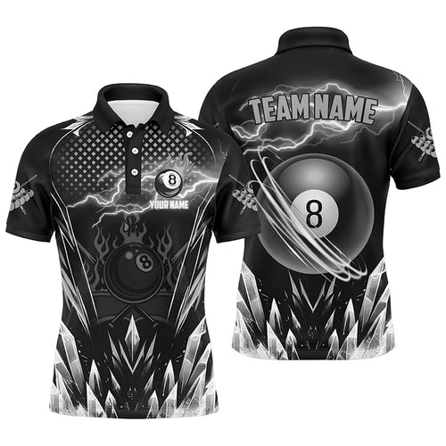 Custom Grey Icy Lightning 8 Ball Pool Men Polo & Quarter-Zip, Black Billiard Team League Jersey TDM2672