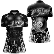 Load image into Gallery viewer, Custom Grey Icy Lightning 8 Ball Pool Women Polo &amp; Quarter-Zip, Black Billiard Team League Jersey TDM2672