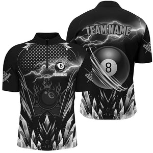 Custom Grey Icy Lightning 8 Ball Pool Men Polo & Quarter-Zip, Black Billiard Team League Jersey TDM2672