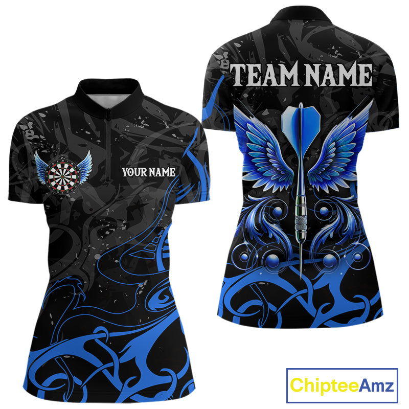 Black And Blue Custom Wings Darts Shirt For Women, Darts Jersey Pocket Option TDM3840