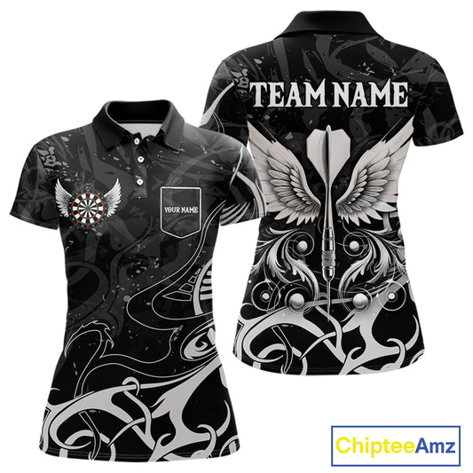 Grey And Black Custom Wings Darts Shirt For Women, Darts Jersey Pocket Option TDM3841