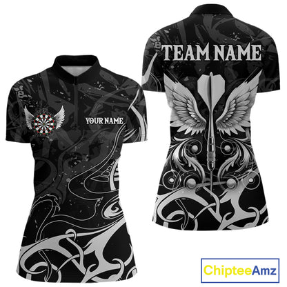 Grey And Black Custom Wings Darts Shirt For Women, Darts Jersey Pocket Option TDM3841
