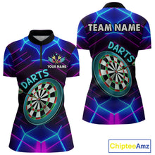 Load image into Gallery viewer, Neon Purple Blue Dart Shirts For Women Custom Glowing Dart Jersey Team Outfit Polo &amp; Quarter Zip TDM3846