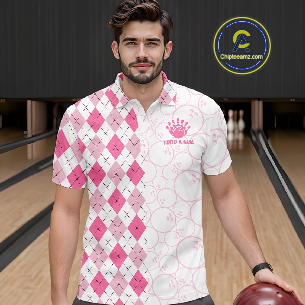 Personalized Pink Argyle Bowling Jersey For Men Custom Bowling Shirt Team Polo & 1/4 Zip TDM6265