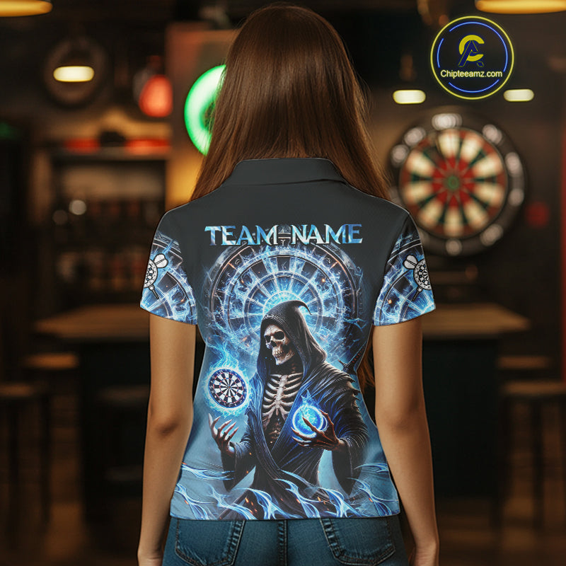 Funny Blue Icy Dartboard Grim Reaper Shirt Custom Darts Jersey Team Polo & 1/4 Zip For Women TDM4527