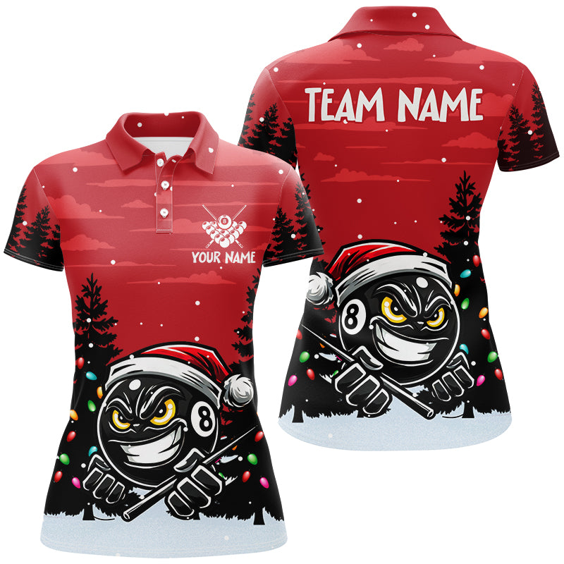 Personalized Red Christmas Santa 8 Ball Pool Billiard Shirts For Women, Funny Xmas Billiard Jerseys TDM2932